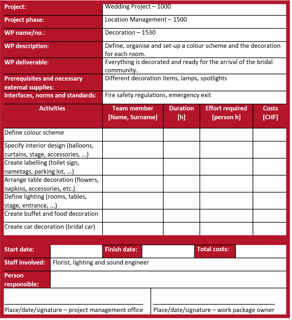 Sample solution of the wedding's work package "Plan decoration - 1530"